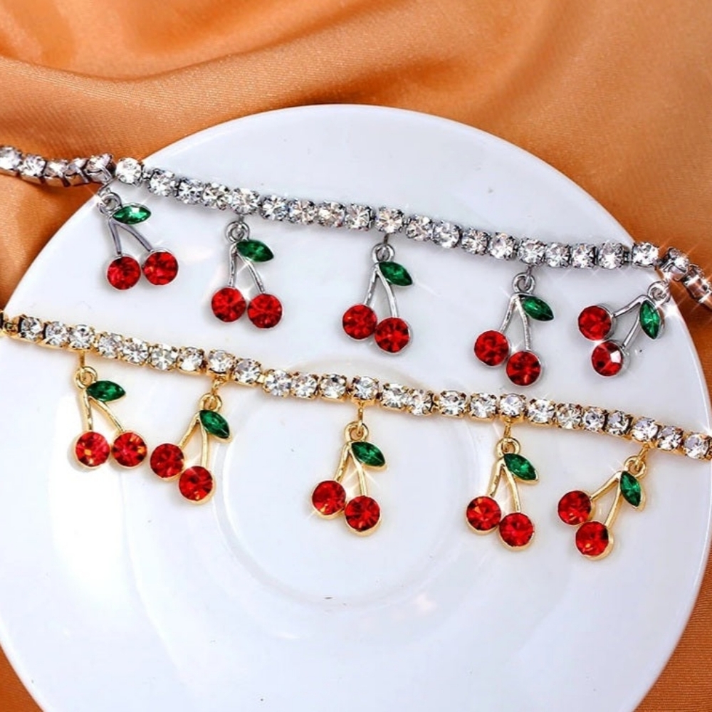 Crystal Red Cherry Pendant Charm Silver Rhinestone Chain Cute Anklet Jewelry